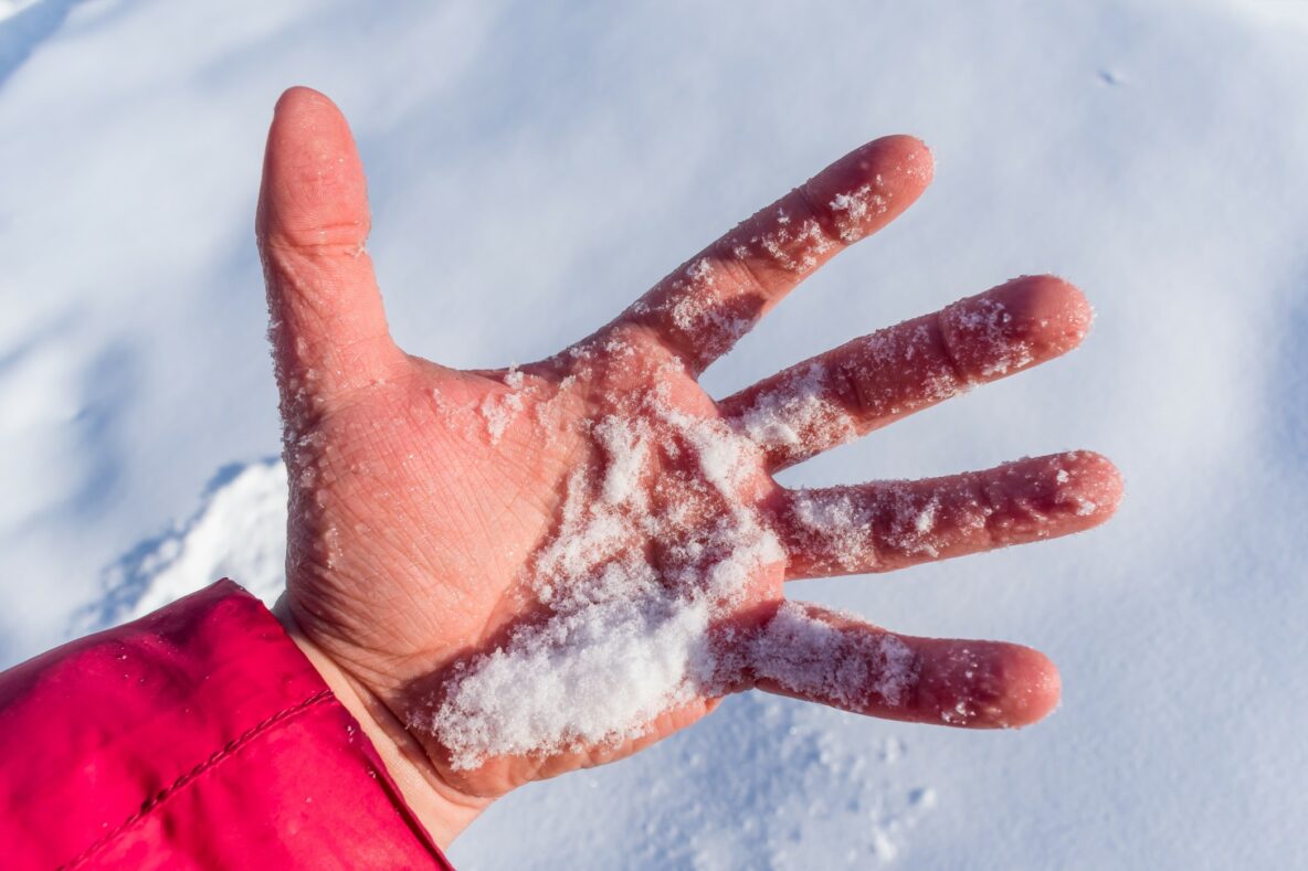 A man holds a handful of fresh snow in palm.