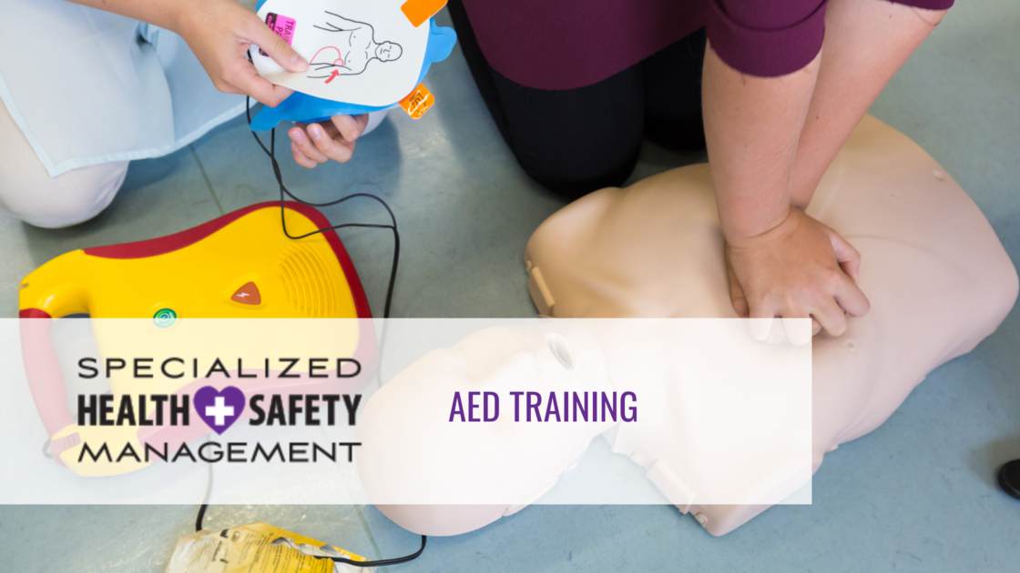 Image of a person using an AED with text “AED Training”