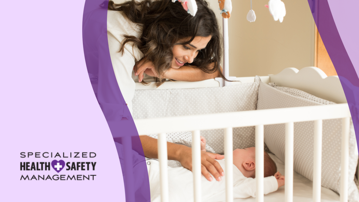 Woman looking at baby sleeping in crib, branded with purple elements and Specialized Health and Safety logo